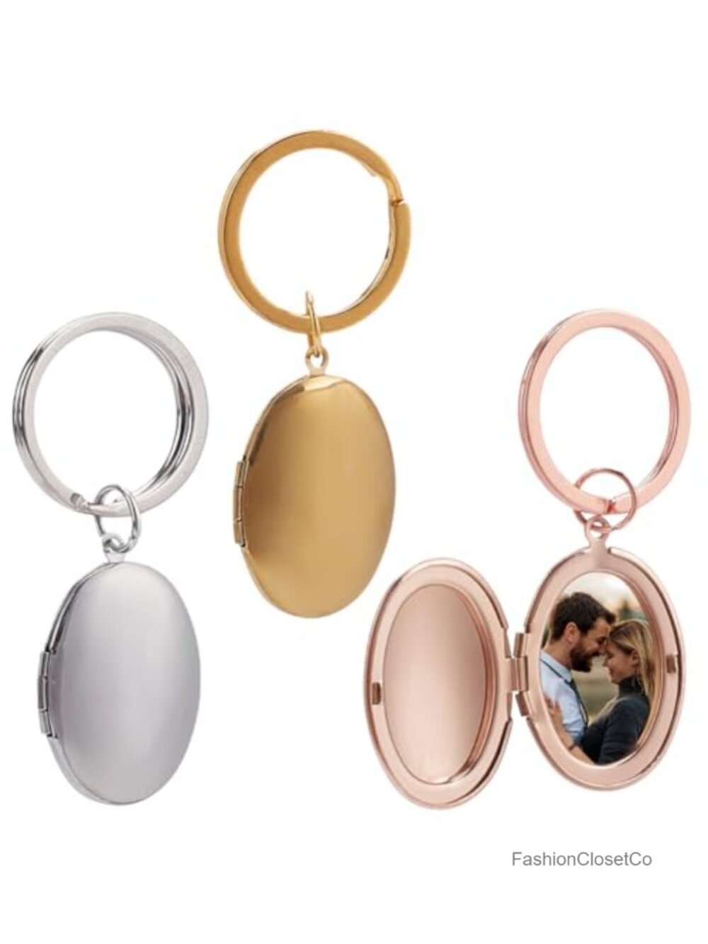 3 Pack Oval Locket Keychain with Photo Frames, Silver Rose Gold
